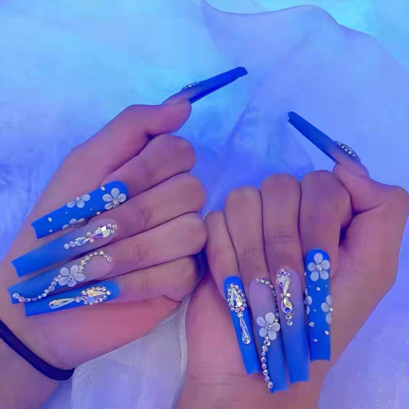 Long Press on Nails Glossy French Blue Full Cover False Nails Flowers Ballerina Nail Art Set DIY Artificial Acrylic Fake Nail Tips Stick on Nails for Women 24Pcs